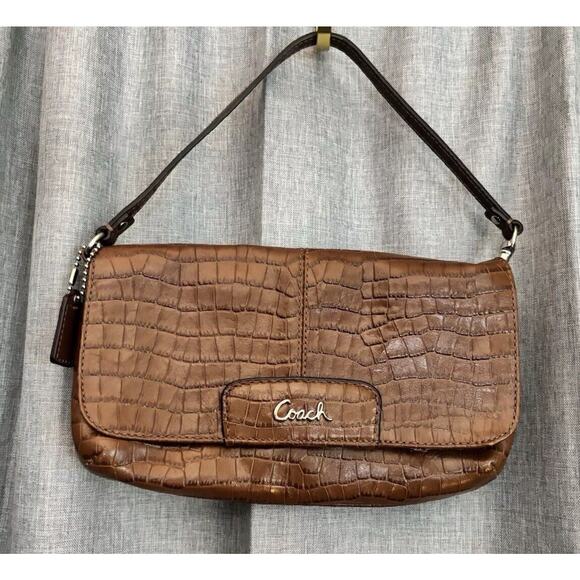 Coach Croc Embossed Brown Wristlet Clutch Mini Shoulder Bag Purse - Picture 1 of 16
